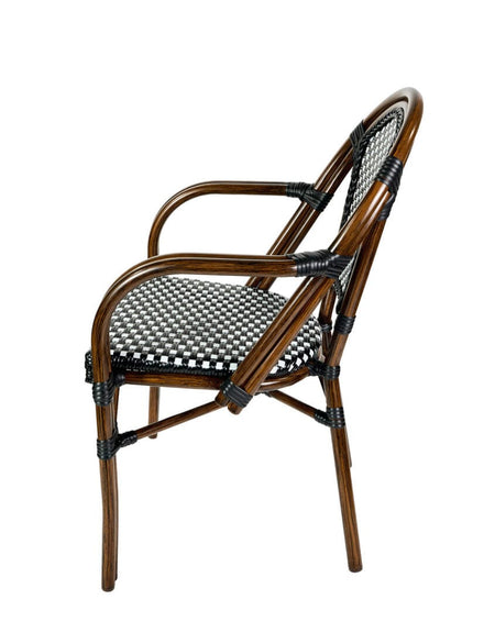 French Bistro 40" Table with Glass Top and 4 Chairs with Arms Set, Black and White, Image 10