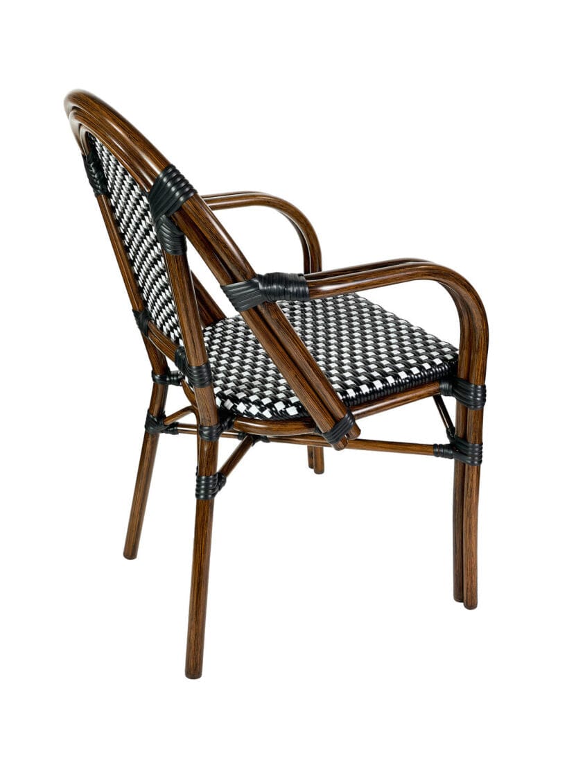 French Bistro 48x36" Table with Glass Top and 4 Chairs with Arms Set, Black and White, Image 8