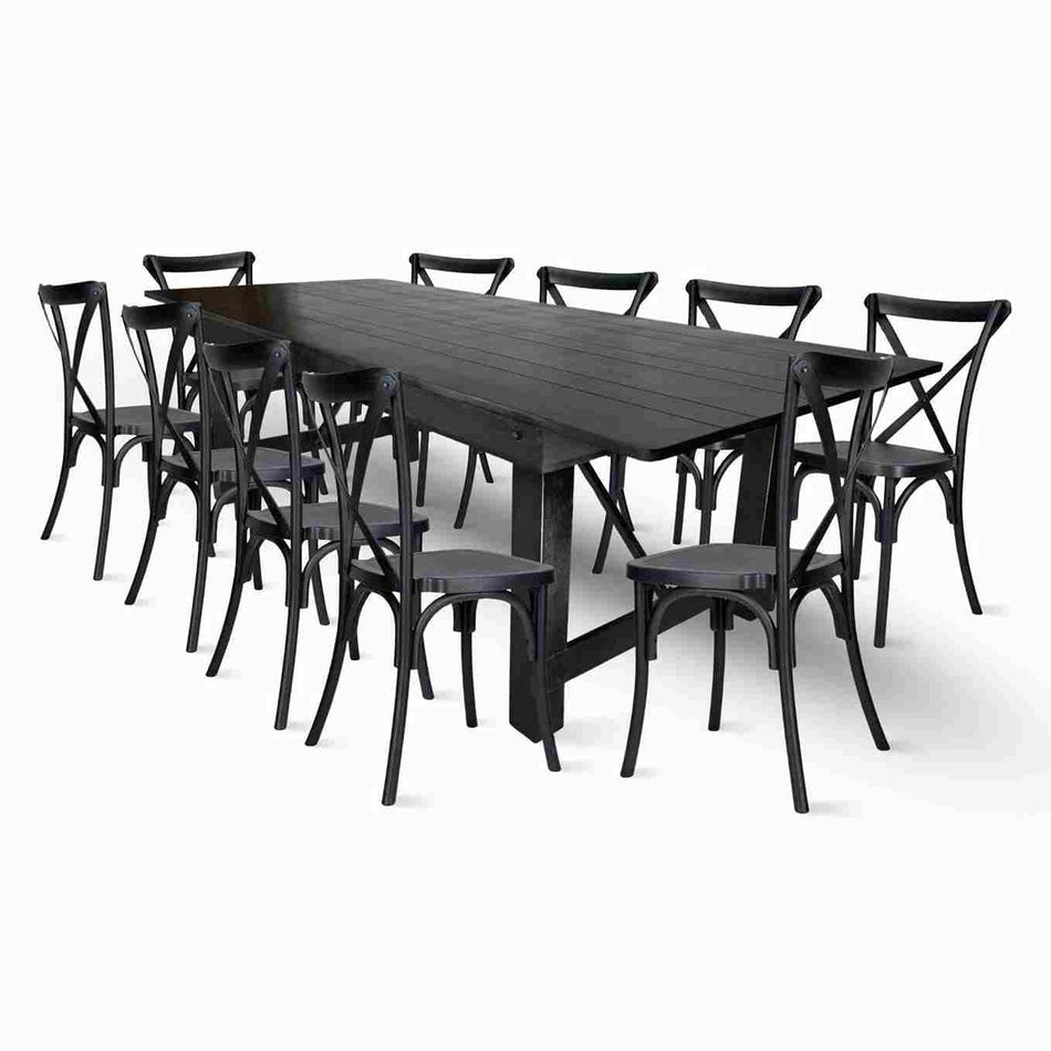 Farmhouse Dining Table Set 96x40" with 10 Cross Back Steel Skeleton Chairs for Kitchen Patio Dining Room, Fluted Legs, Black