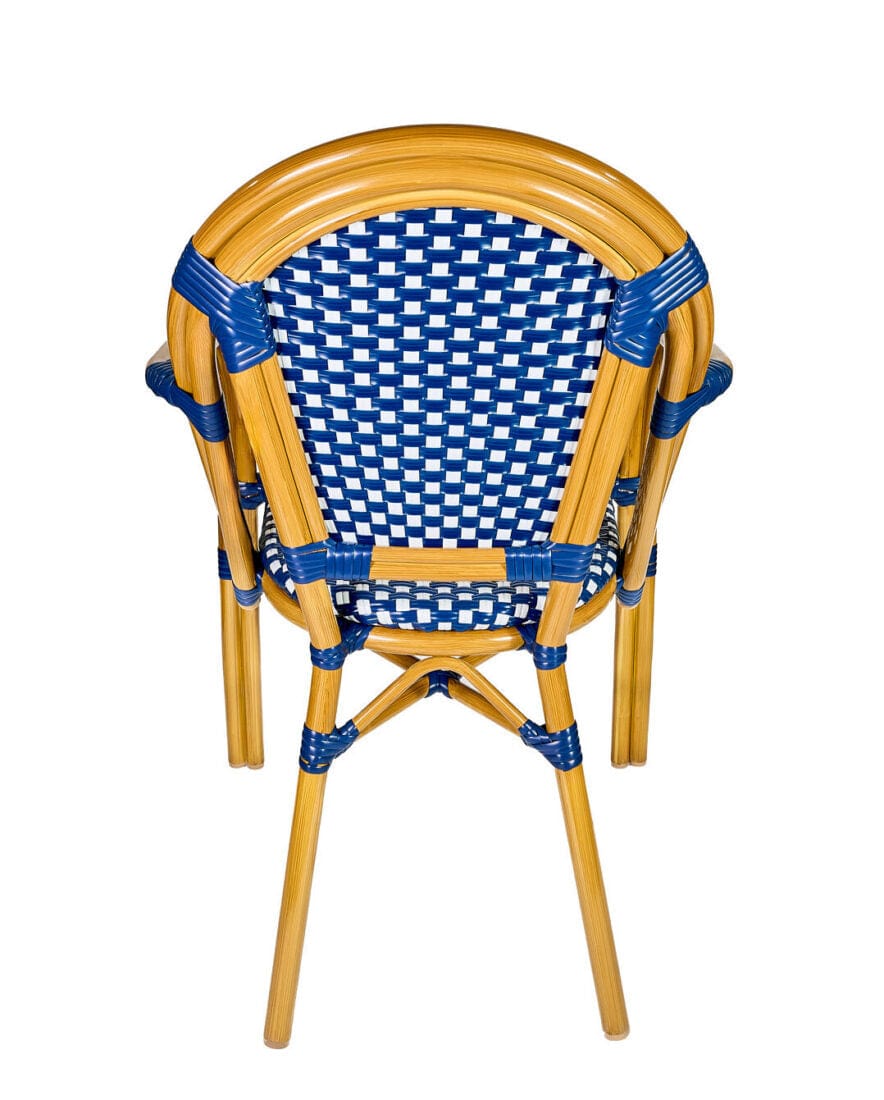 French Bistro 48x36" Table with Glass Top and 4 Chairs with Arms Set, Blue and White, Image 8