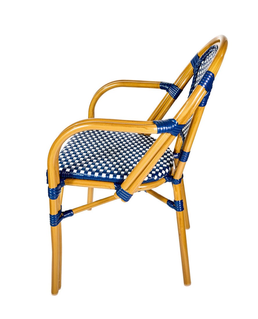 French Bistro 48x36" Table with Glass Top and 4 Chairs with Arms Set, Blue and White, Image 6