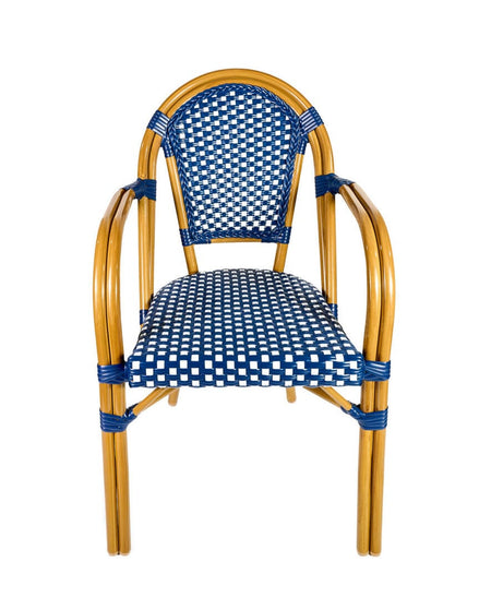 French Bistro 48x36" Table with Glass Top and 4 Chairs with Arms Set, Blue and White, Image 4