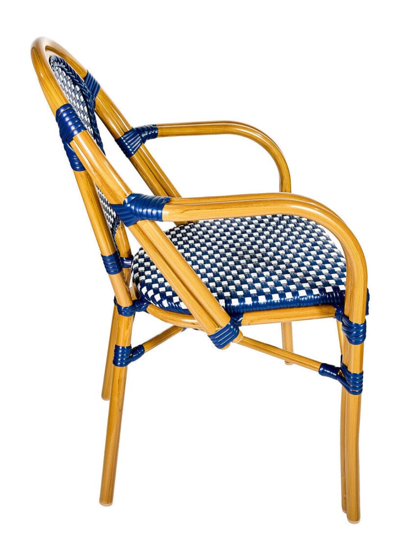 French Bistro 48x36" Table with Glass Top and 4 Chairs with Arms Set, Blue and White, Image 9