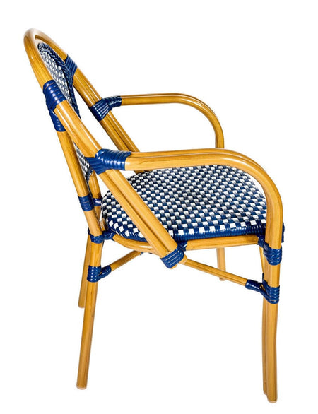 French Bistro 48x36" Table with Glass Top and 4 Chairs with Arms Set, Blue and White, Image 9