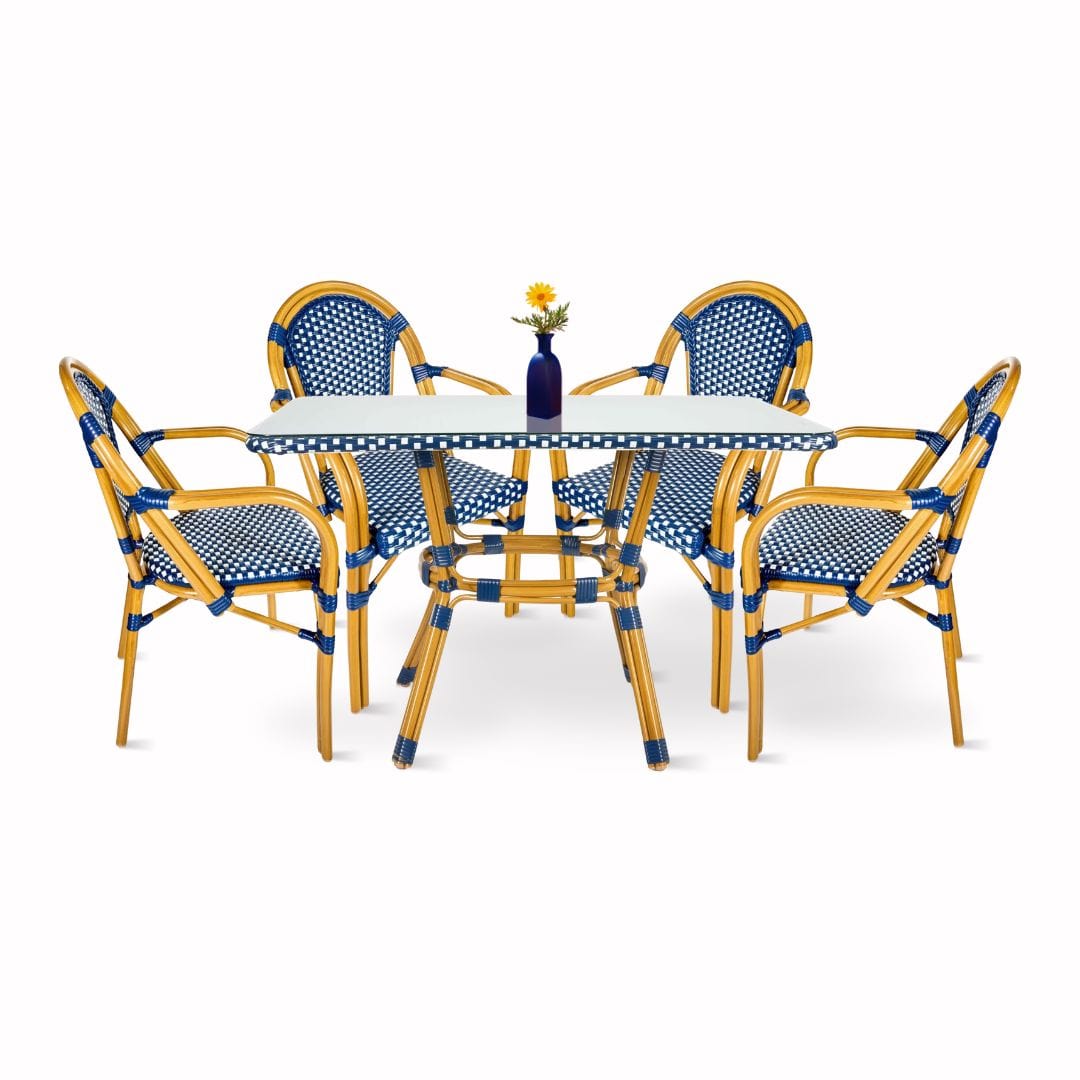 French Bistro 48x36" Table with Glass Top and 4 Chairs with Arms Set, Blue and White, Image 2