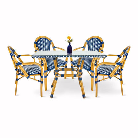 French Bistro 48x36" Table with Glass Top and 4 Chairs with Arms Set, Blue and White, Image 2