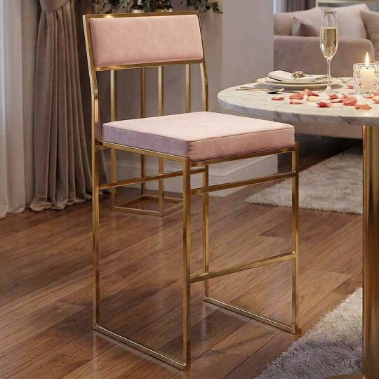 Melissa Bar Stool in Gold Steel Frame with Blush Cushion, Elegant Seating for Vanity or Kitchen