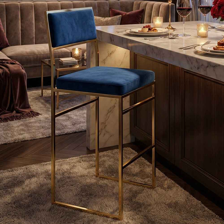 Melissa Bar Stool in Gold Steel Frame with Blue Cushion, Chic Bar Seating