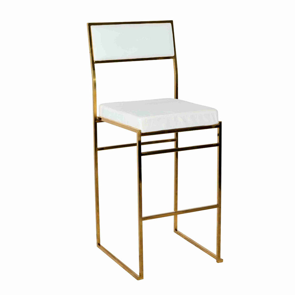 Melissa Bar Stool in Gold Frame with White Cushion, Glamorous Minimalist Seating