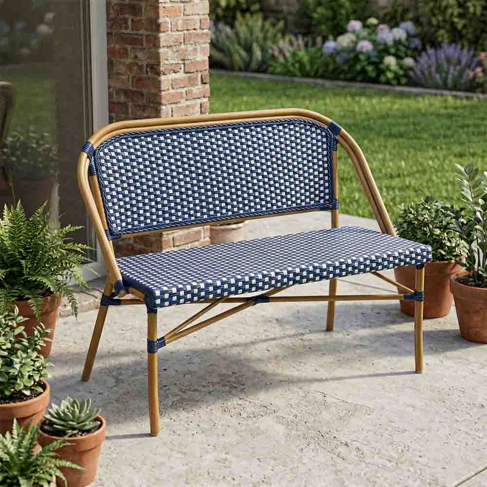 Blue on White Bistro Bench Loveseat, Image 1