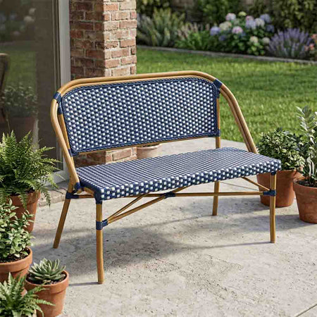 Blue on White Bistro Bench Loveseat, Image 1