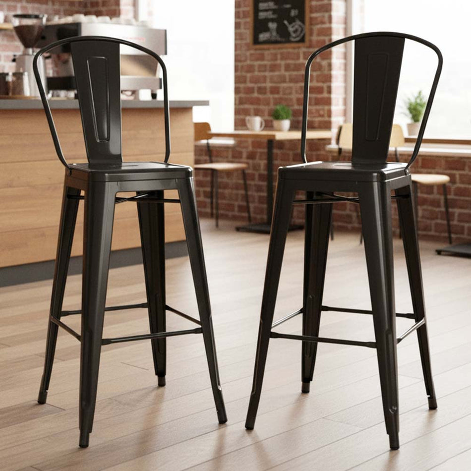 2 Pack Black Tolix Metal Bar Stools with Back, Industrial Seating for Kitchen Islands or Game Rooms