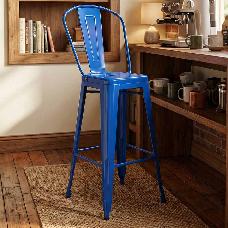 Tolix Metal Bar Stool with Back - Blue Hi-Gloss, 30in Seat (Outdoor/Patio & Kitchen)