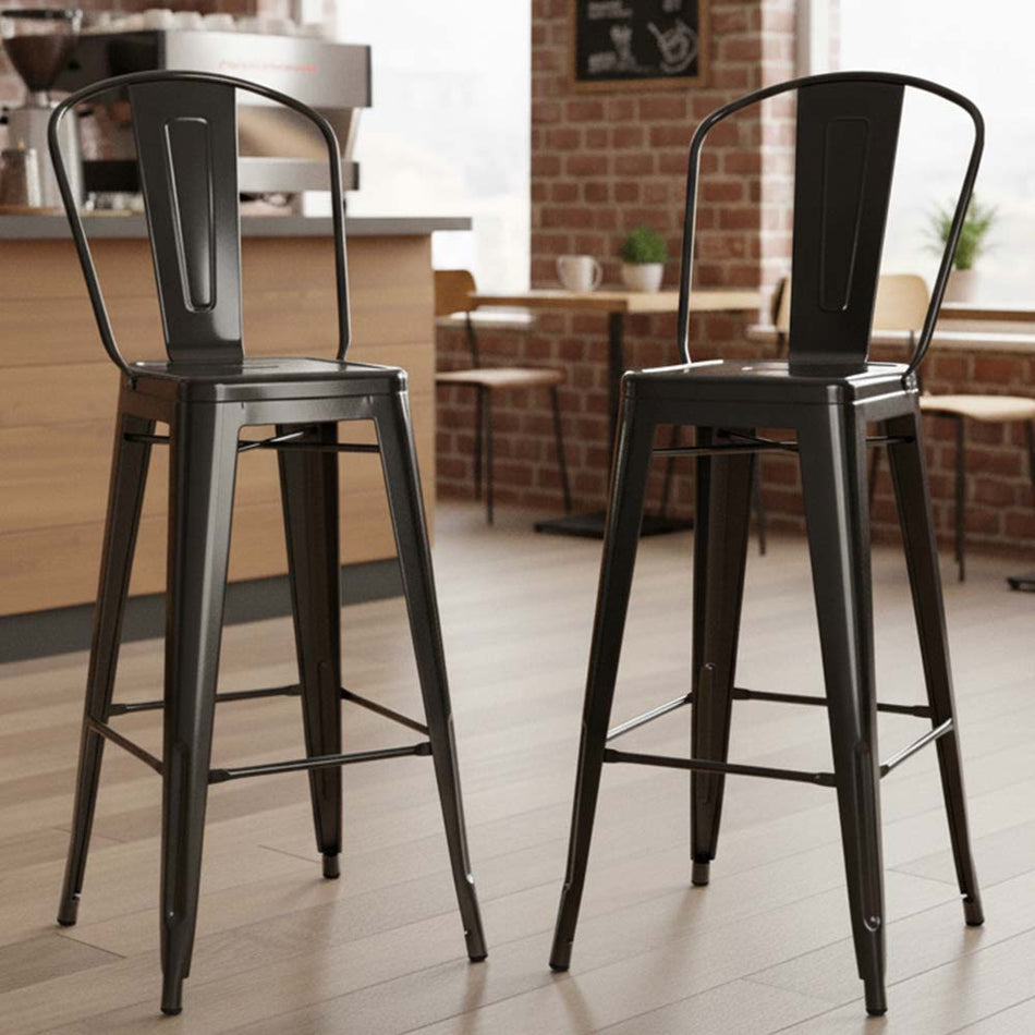 2 Pack Black Tolix Barstools with Back, 30" Metal Chairs for Indoor or Outdoor Breakfast Bars