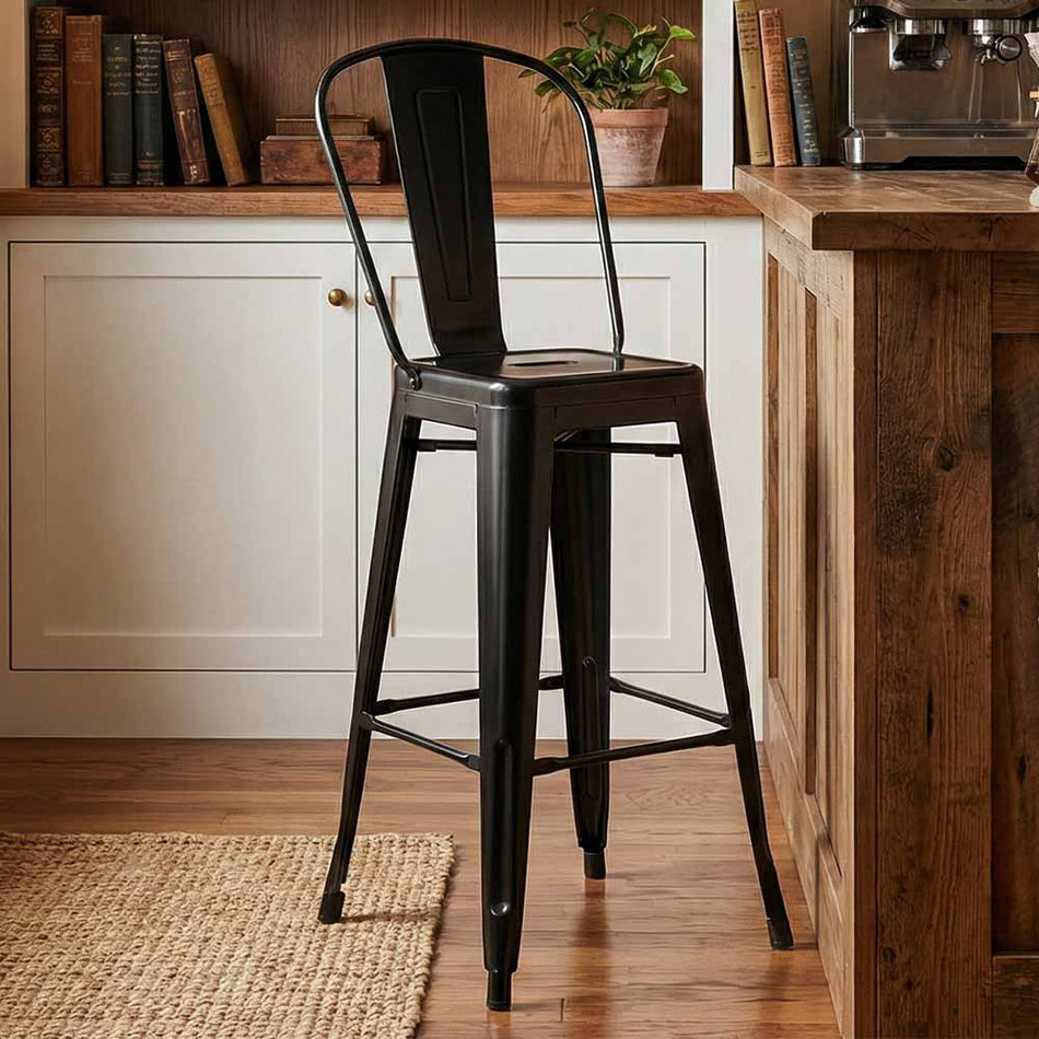 Black Tolix Metal Barstool with Back — 30" Seat Height, Indoor/Outdoor Patio