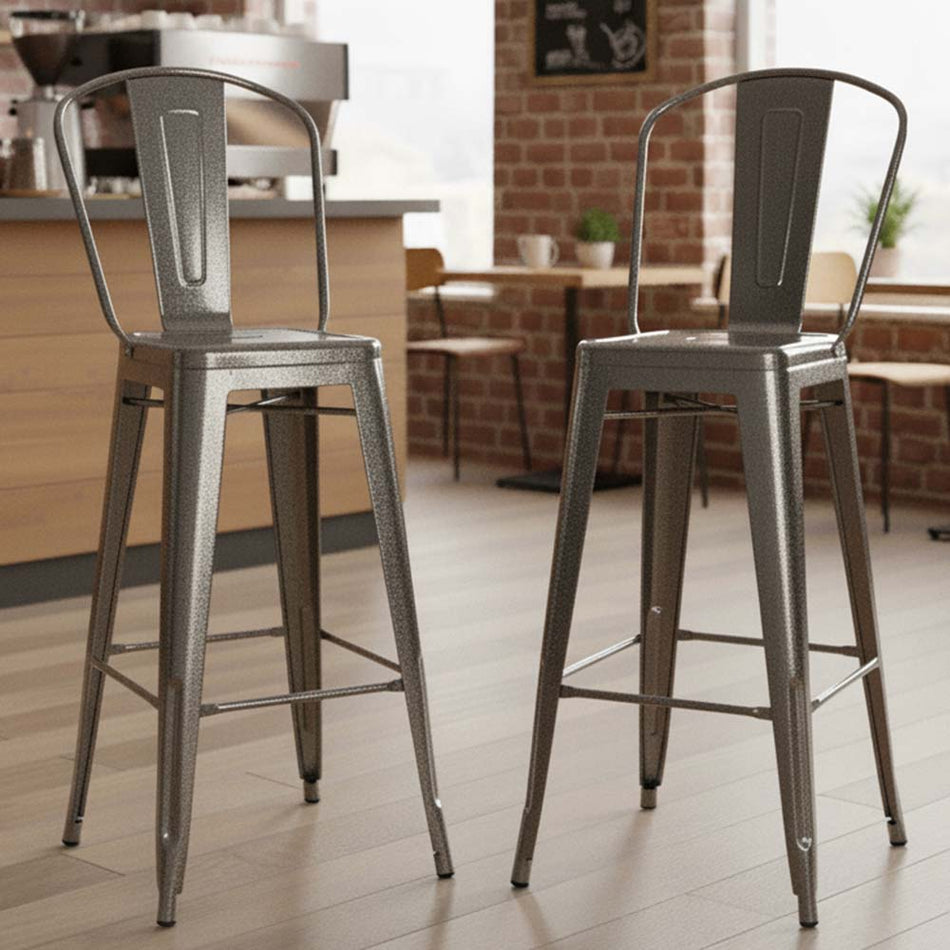 2 Pack Hammered Gray Tolix Metal Bar Stools with Back, Durable Loft Style Chairs for Dining Islands