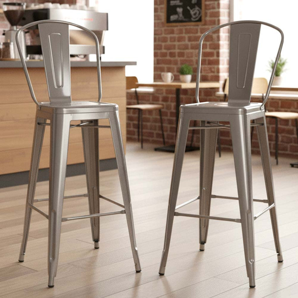 2 Pack Gunmetal Gray Tolix Metal Bar Stools with Back, Industrial Chic for Basement Bars or Patios