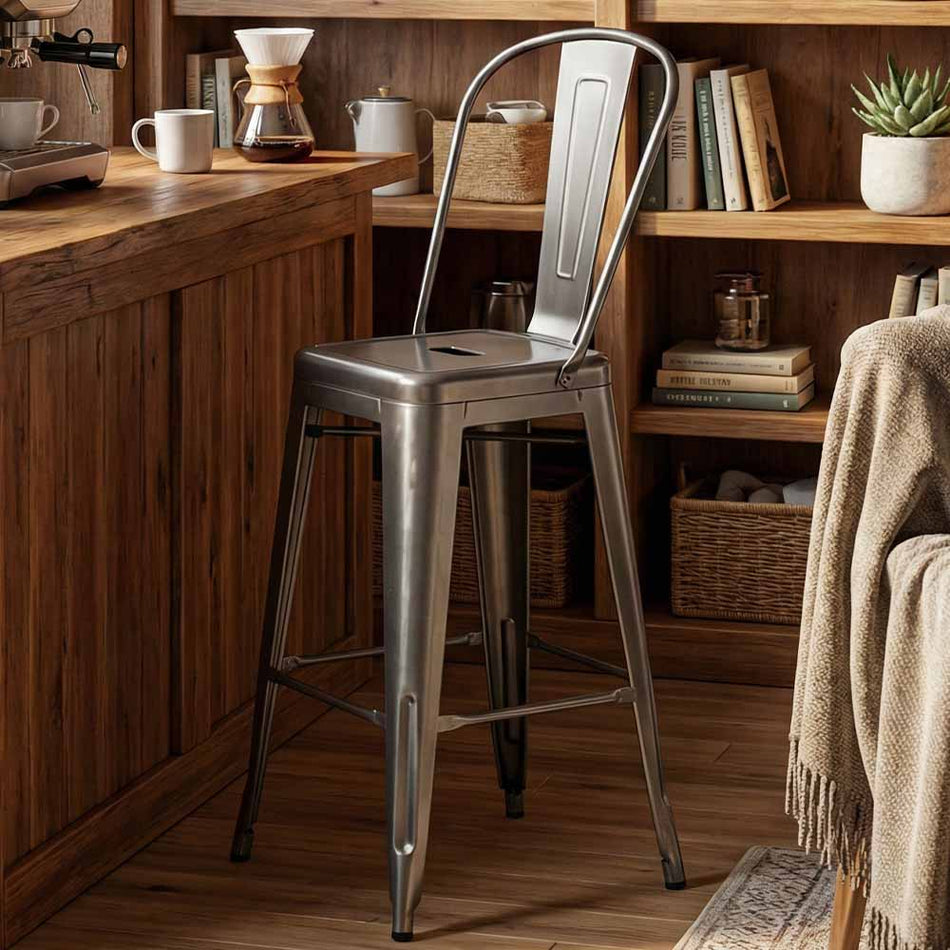 Tolix Metal Barstool with Back – Gunmetal Gray, 30" Seat Height (Indoor/Outdoor Patio)