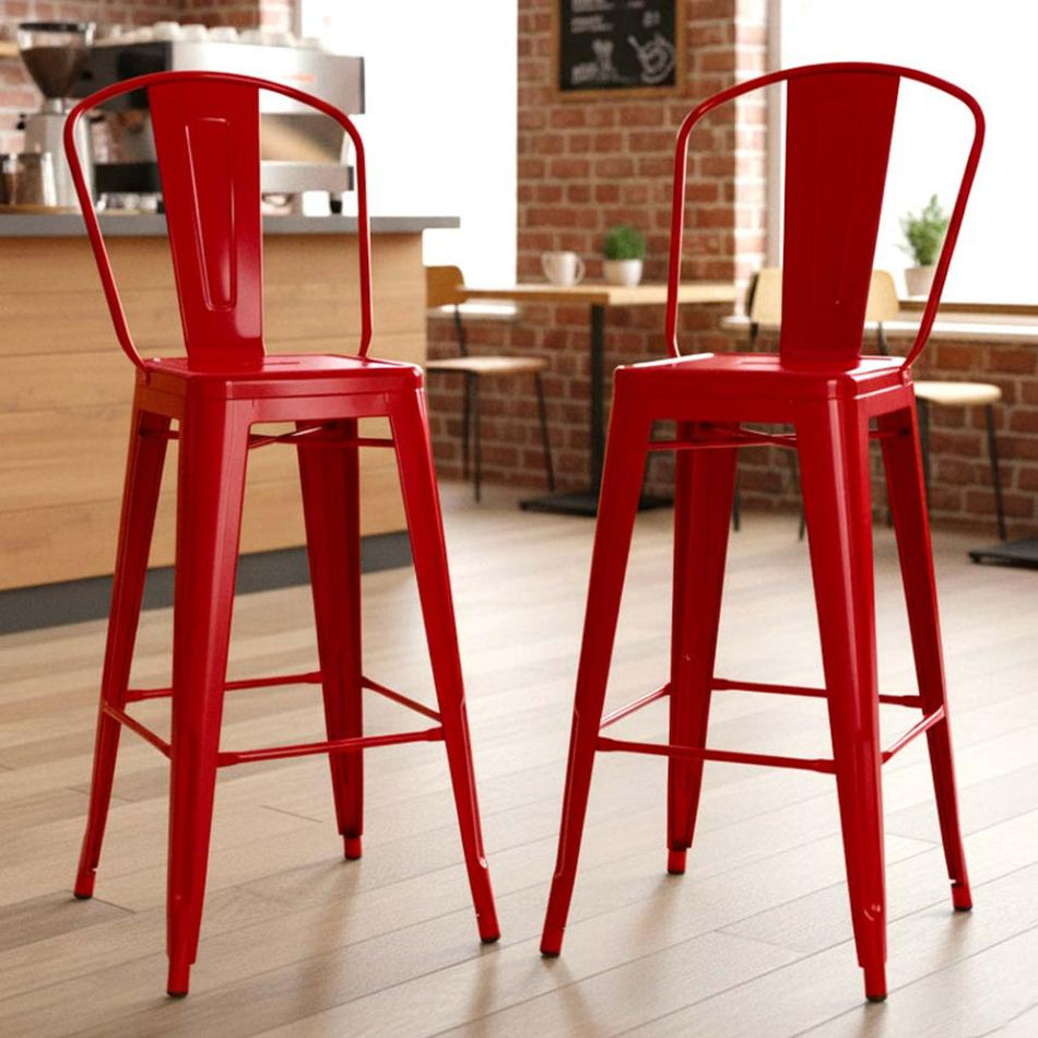 2 Pack Red Tolix Metal Bar Stools with Back, Bold Seating for Kitchen Counters or Outdoor Kitchens