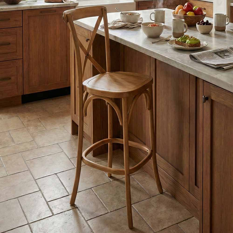 Chestnut Wood Cross Back Bar Stool, Farmhouse-Inspired Kitchen Seating