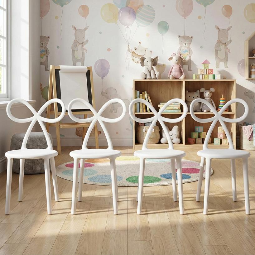 4 Pack Kids White Resin Bow Chair with Round Seat, Clean Modern Seating for Playrooms and Bedrooms