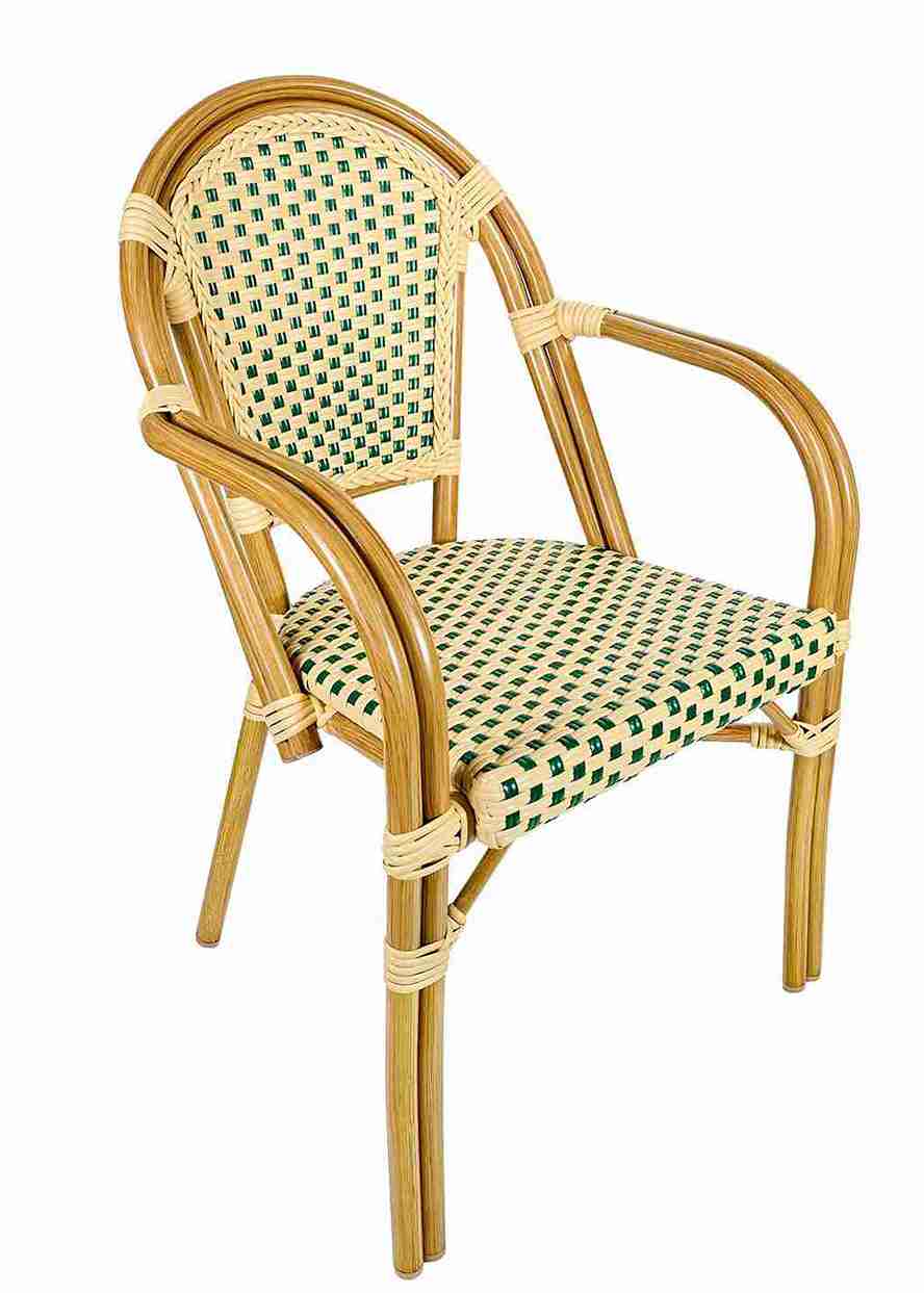 2 Pack Beige and Green French Bistro Patio Dining Chair with Arms, Charming Wicker Seating for Garden Rooms or Kitchen Islands