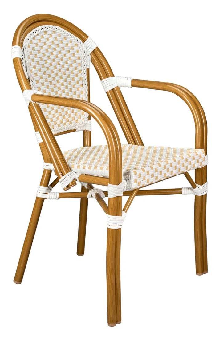 2 Pack White and Beige French Bistro Patio Dining Chair with Arms, Light and Airy Seating for Patios or Coffee Corners