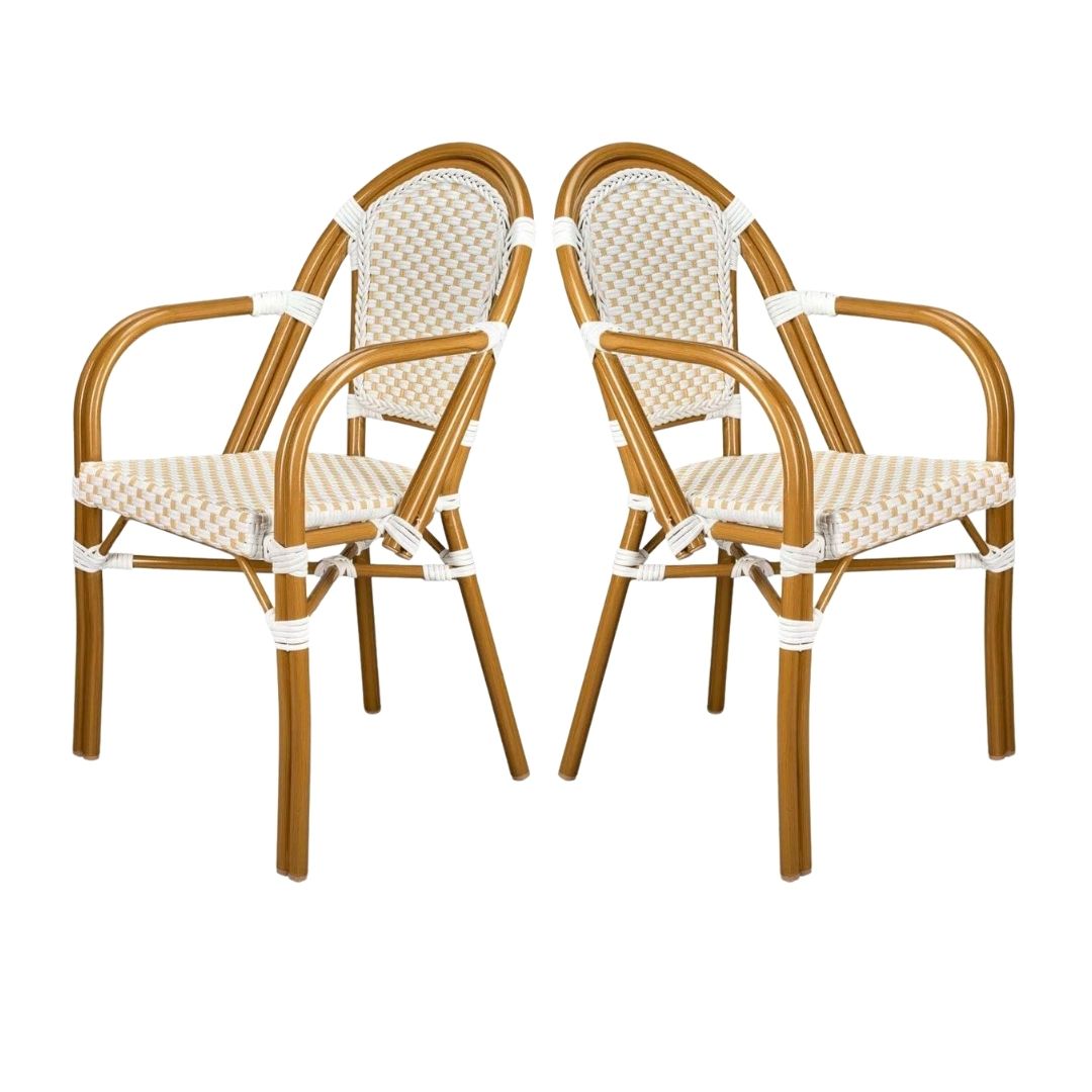 2 Pack White and Beige French Bistro Patio Dining Chair with Arms, Light and Airy Seating for Patios or Coffee Corners, Image 3