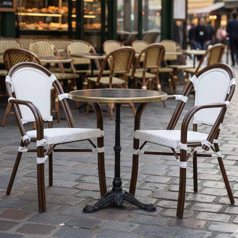 2 Pack White on White French Bistro Patio Dining Chair with Arms, Modern Minimalist Seating for Balconies or Breakfast Tables