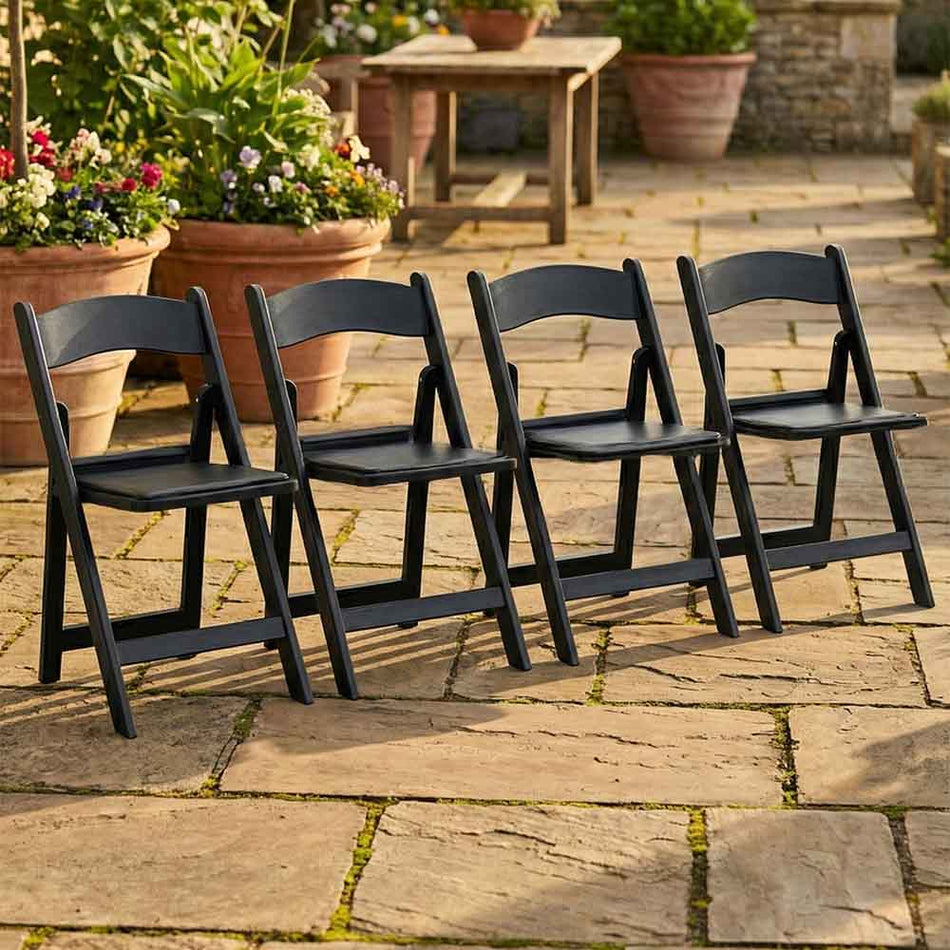 4 Pack Black Woodgrain Resin Folding Chair with Padded Seat 850 lb Capacity for Patio and Events