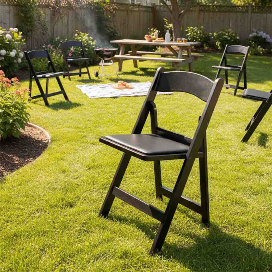 Black Folding Chair – WoodGrain Resin with Padded Black Vinyl Seat, Stackable, 850 lb (Indoor/Outdoor, Patio)