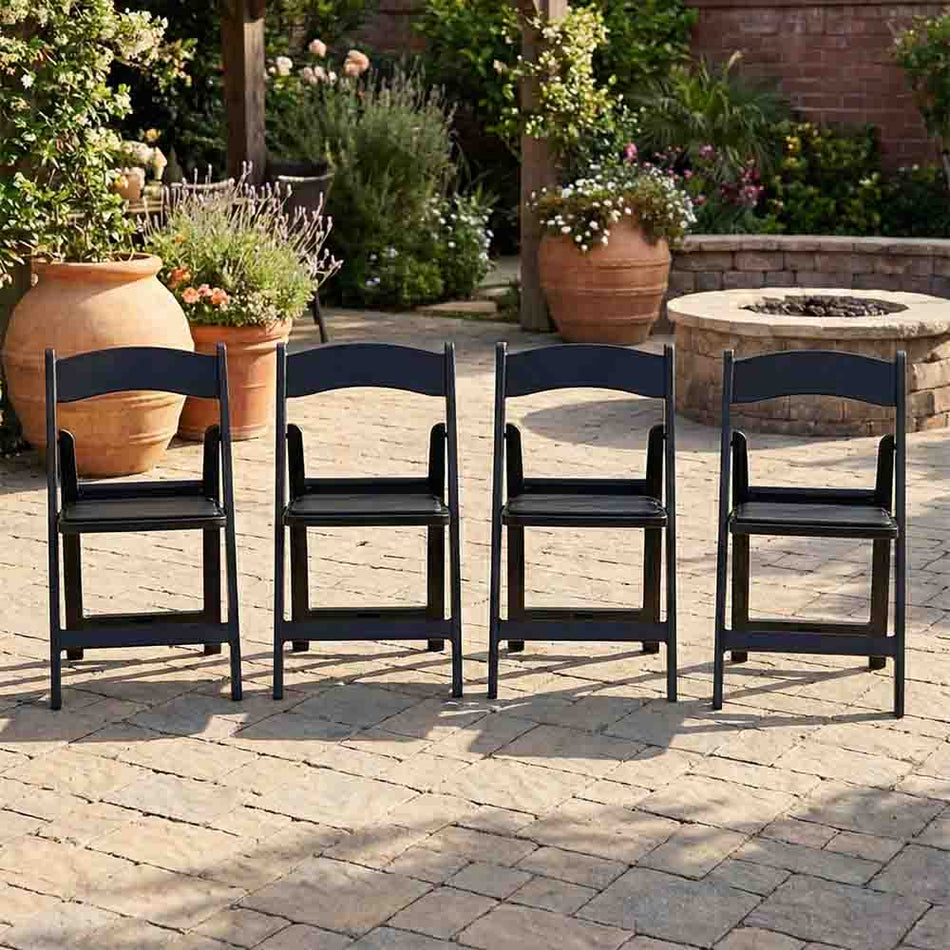 4 Pack Black Resin Woodgrain Folding Chair with Steel Skeleton and Padded Seat for Events or Patio