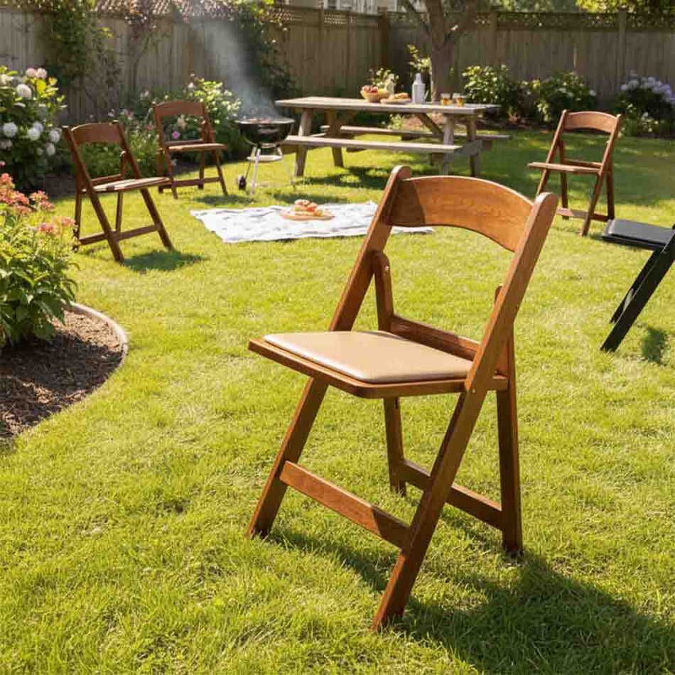 Chestnut Resin Woodgrain Folding Chair - Tan Padded Seat, Heavy?Duty 850 lb (Indoor/Outdoor, Patio & Events)