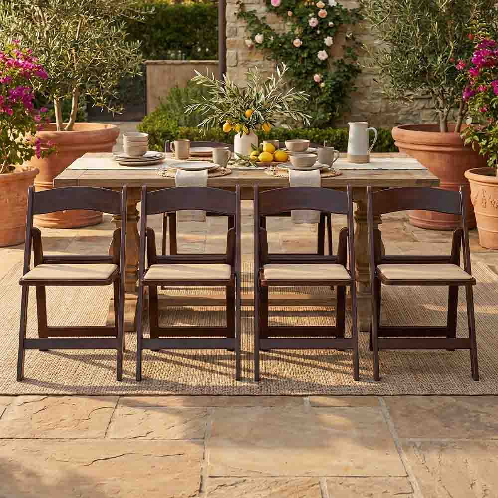 4 Pack Fruitwood Finish Resin Folding Chair with Tan Cushion for Outdoor or Indoor Use, Image 1