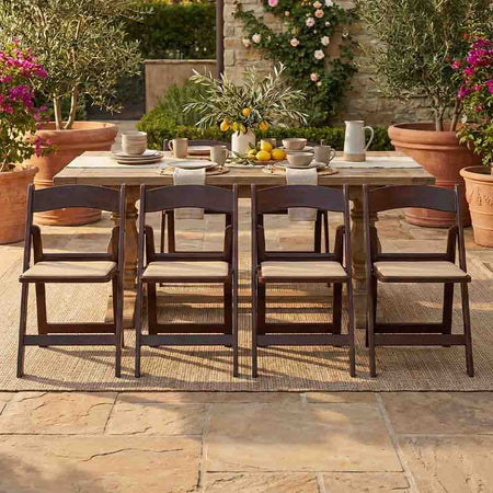 4 Pack Fruitwood Finish Resin Folding Chair with Tan Cushion for Outdoor or Indoor Use, Image 1