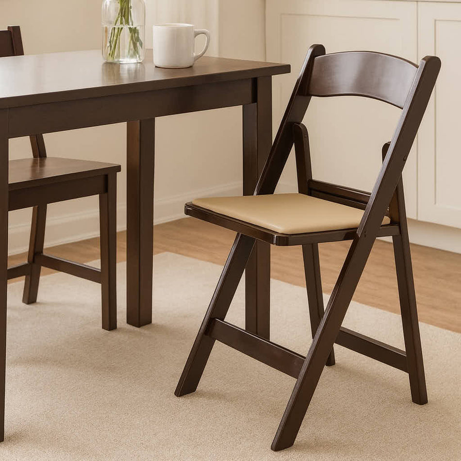 Fruitwood Resin Folding Chair with Tan Cushion