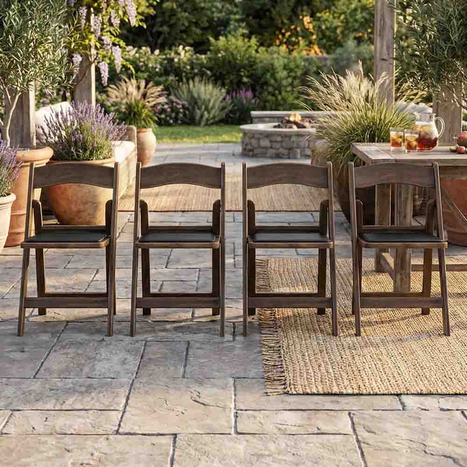 4 Pack Fruitwood Resin Folding Chair with Black Padded Seat for Patio and Dining