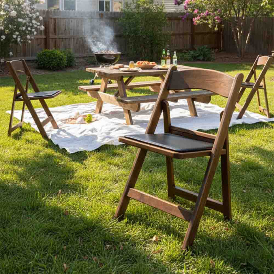 Fruitwood Resin WoodGrain™ Folding Chair with Black Cushion