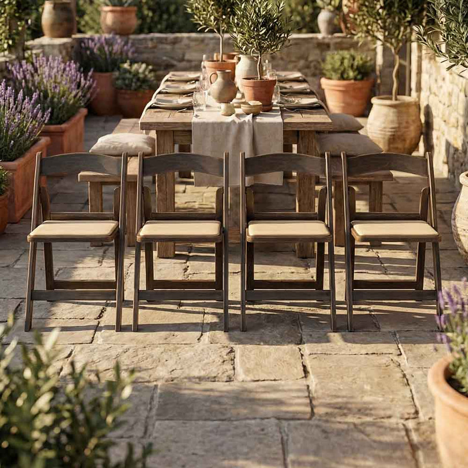 4 Pack Fruitwood Resin Folding Chair with Tan Padded Seat for Events and Patio Use