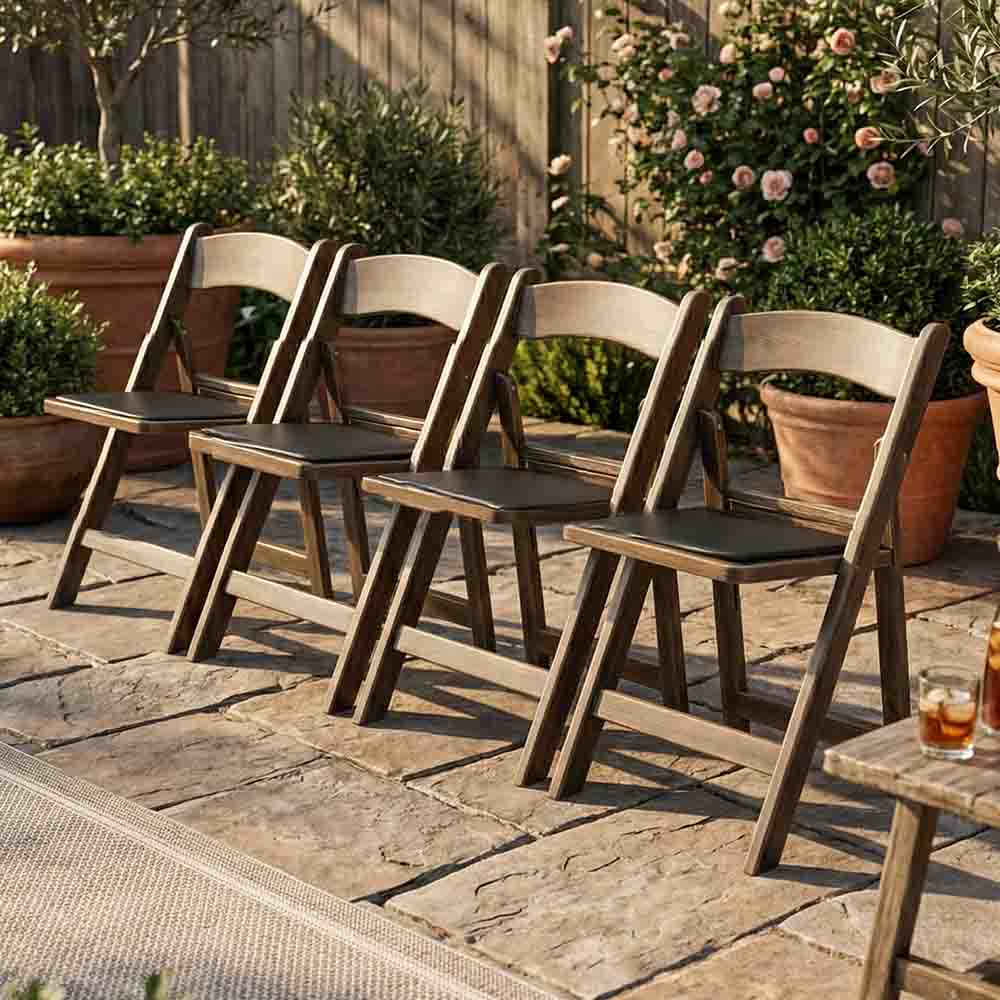 4 Pack Fruitwood Woodgrain Resin Folding Chair with Black Padded Seat for Patio and Dining, Image 1