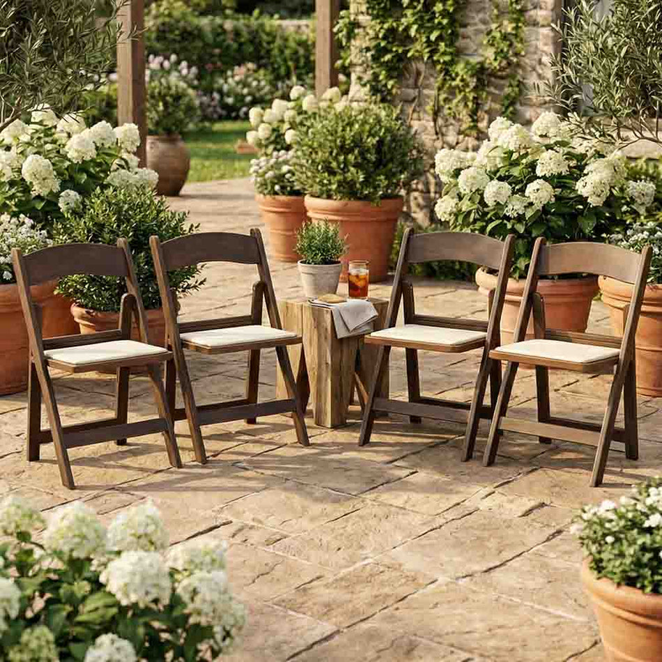 4 Pack Fruitwood Resin Folding Chair with Ivory Padded Seat for Patio and Event Seating