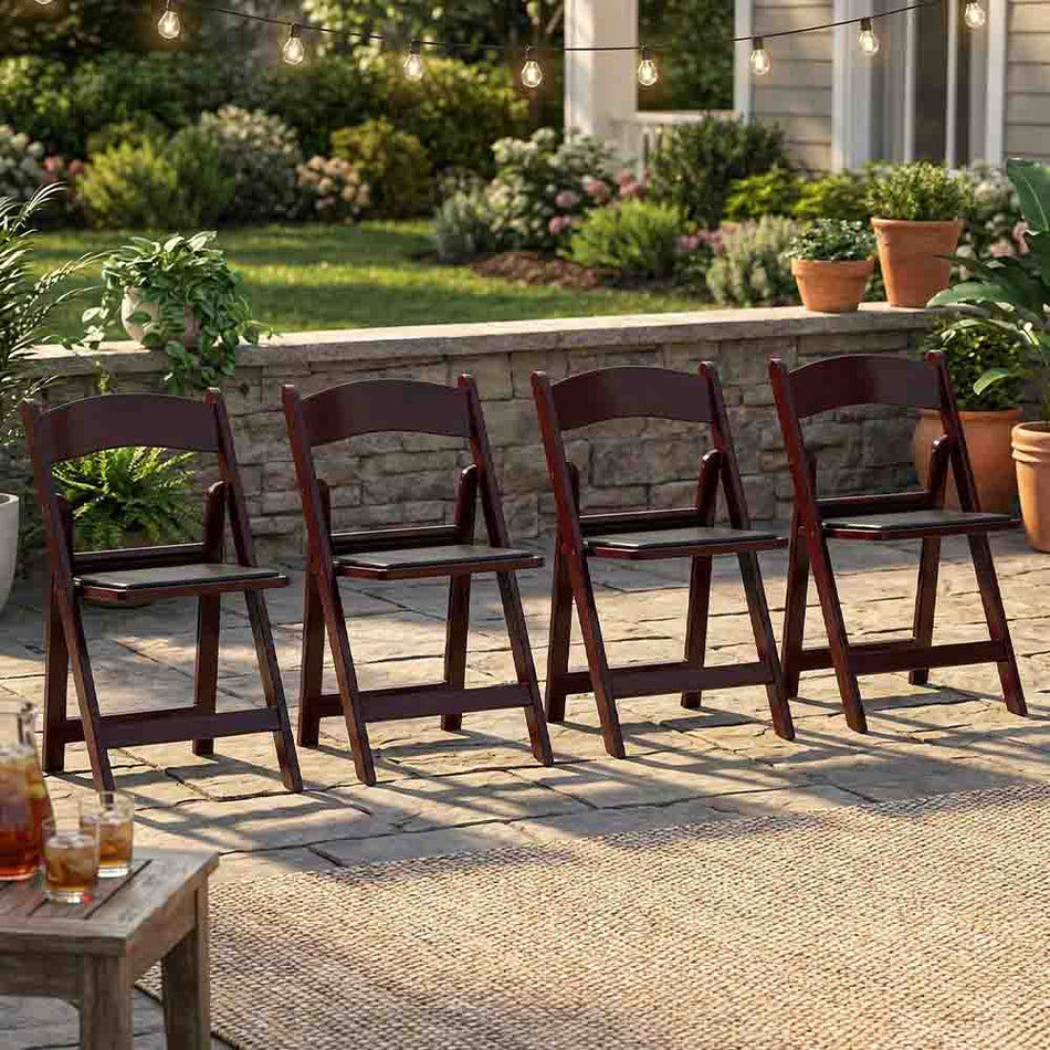4 Pack Mahogany Resin Folding Chair with Black Padded Seat for Event or Patio Use