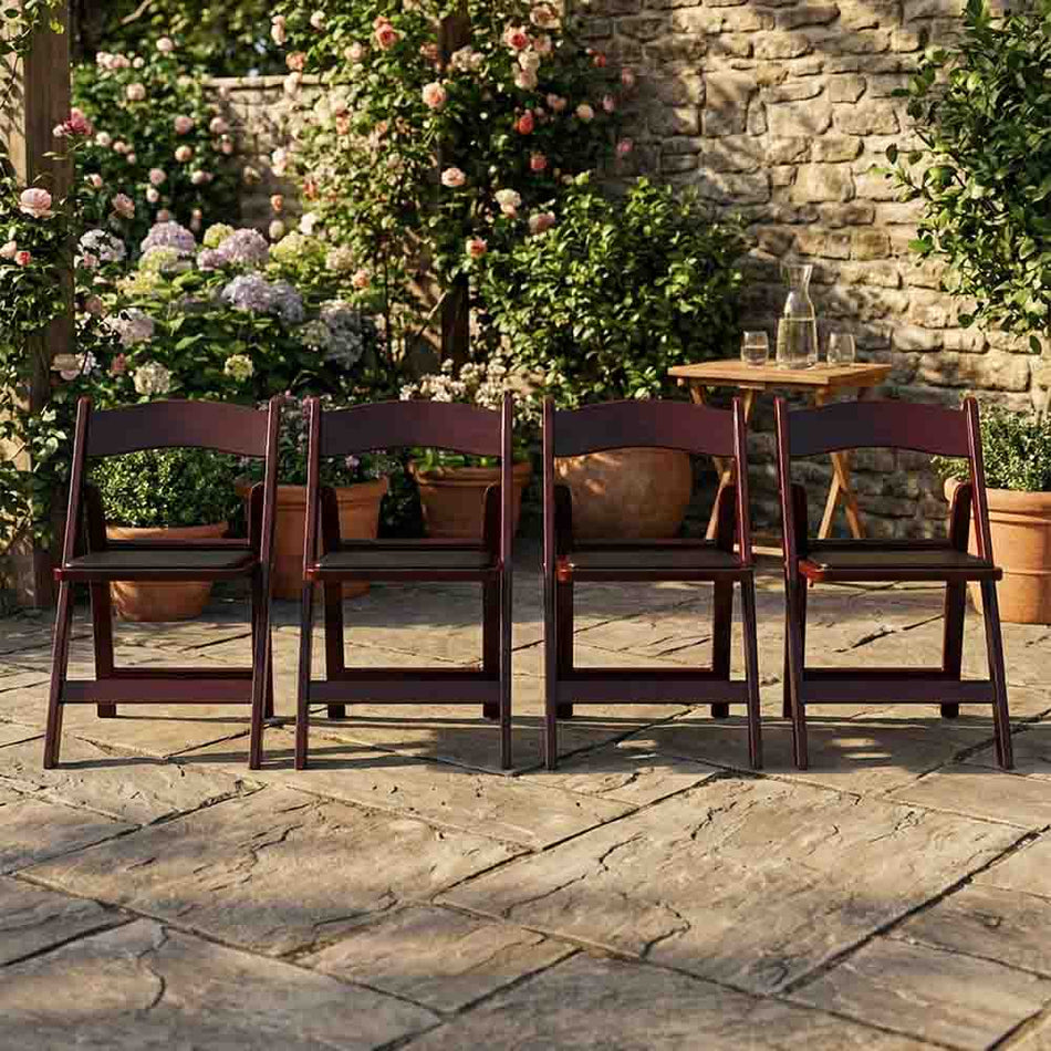 4 Pack Mahogany Folding Chair with Resin Frame and Black Padded Seat for Events