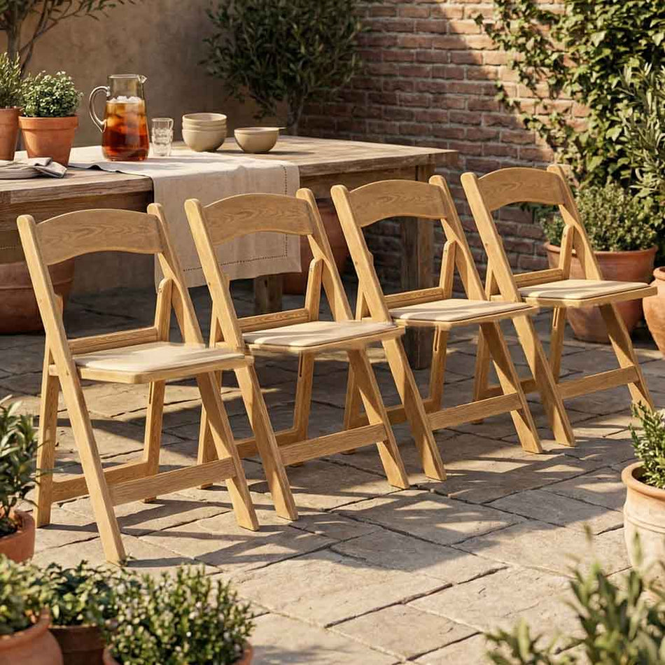 4 Pack Resin Folding Chair in Natural Woodgrain with Tan Padded Seat for Indoor or Outdoor Use