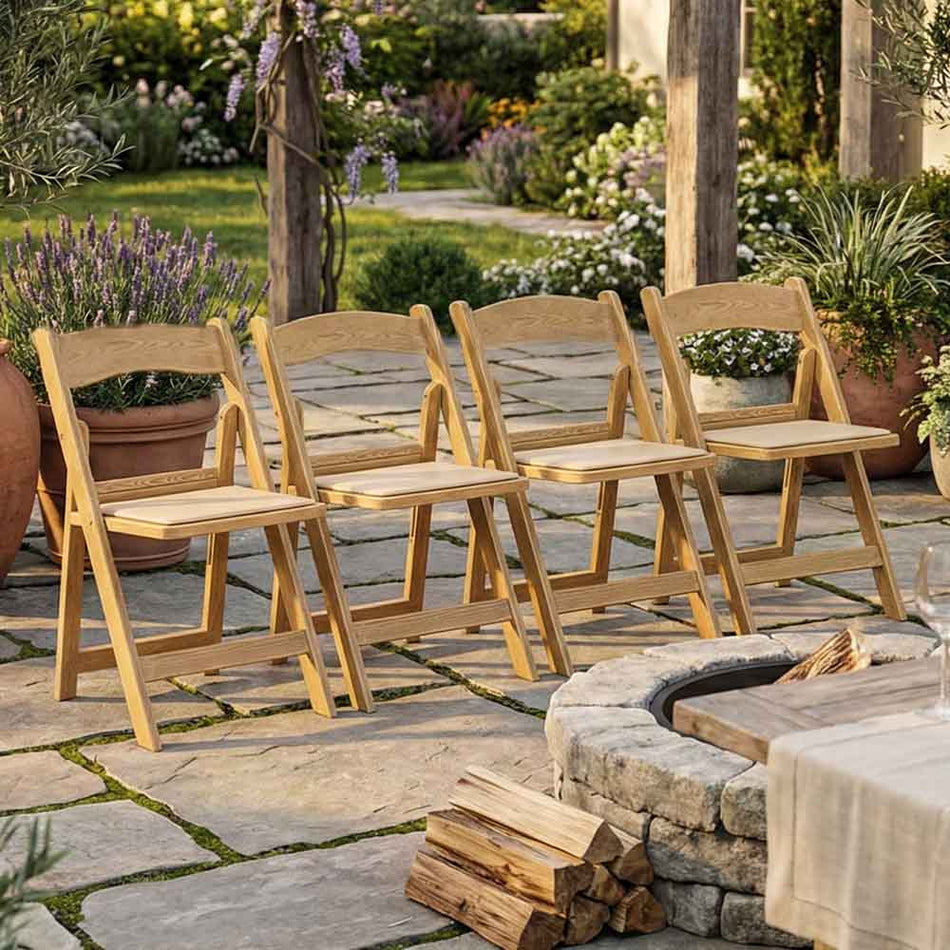 4 Pack Resin Woodgrain Folding Chair with Tan Padded Seat for Patio and Event Seating