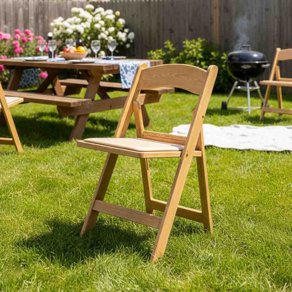 Resin Woodgrain Folding Chair – Tan Padded Seat | Patio & Event Seating