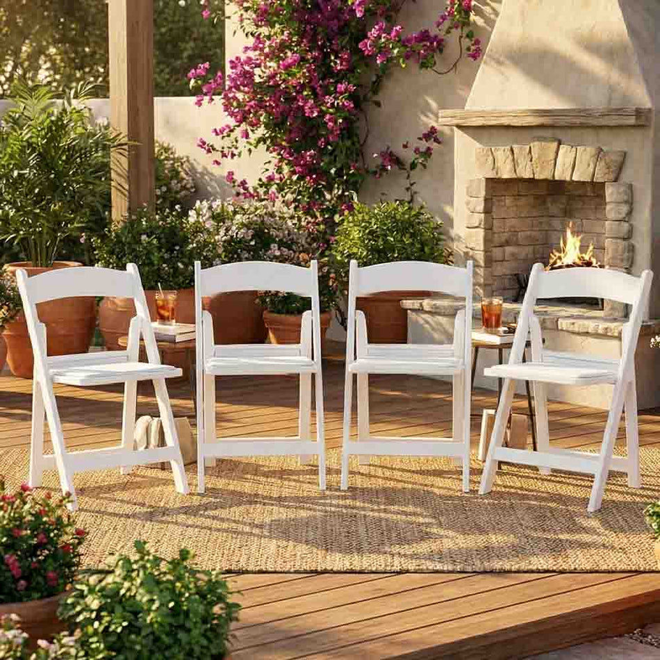 4 Pack White Folding Chair with ToughResin Frame and Padded Seat for Outdoor Patio Use