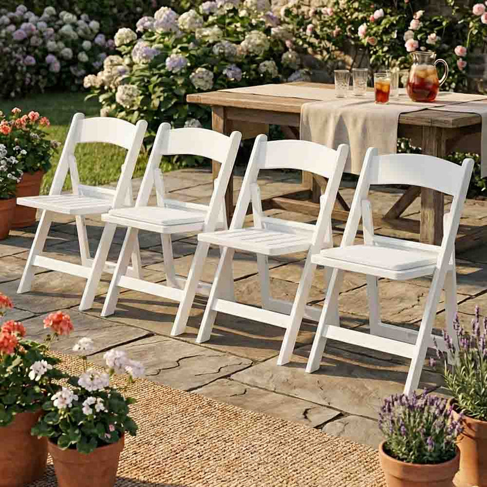 4 Pack White Resin Folding Chair with Slatted Padded Seat for Outdoor Patio Seating