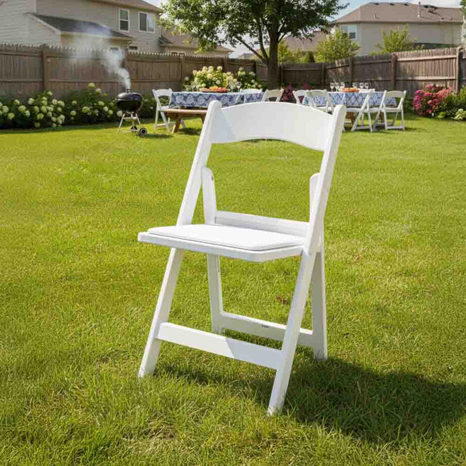White Woodgrain Resin Folding Chair — Padded Vinyl Seat, Stackable, 850 lb Capacity | Ideal for Patio & Events