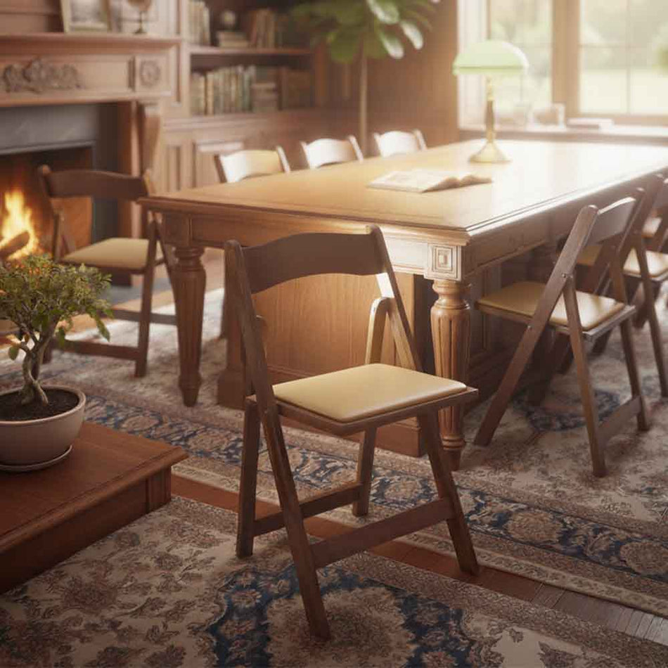 Fruitwood ToughWood™ Folding Chair with Tan Cushion